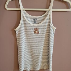 Brandy Melville White and Gray Striped Camisole with Bear Embroidery